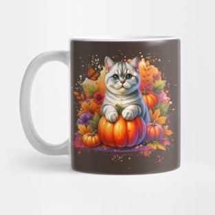 British Shorthair Cat with Pumpkin Mug